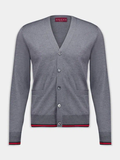 Gucci Wool Knit Cardigan With Web In Gray