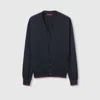 Gucci Wool Knit Cardigan With Web In Blue