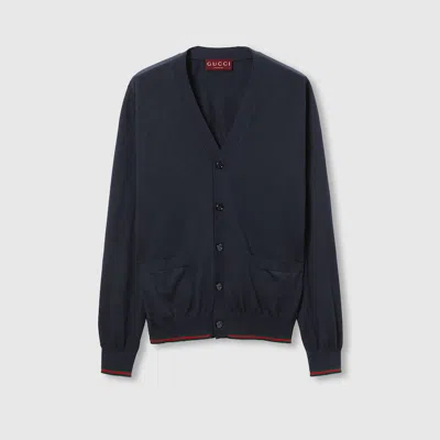 Gucci Wool Knit Cardigan With Web In Blue