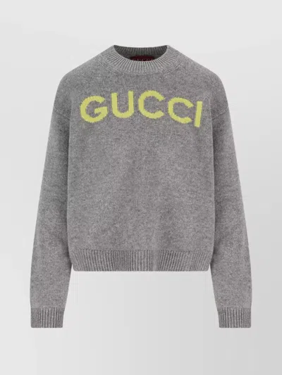 Gucci Wool Knit Crew Neck Long Sleeve Top In Gray