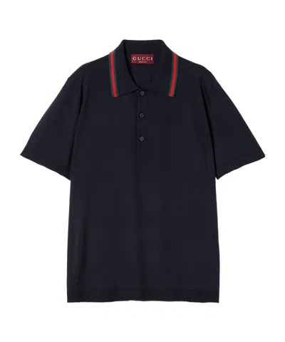 Gucci Wool Knit Polo Shirt With Web In Black