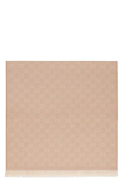 Gucci Wool Scarf 45x185 Cm With Fringed Edges In Neutral