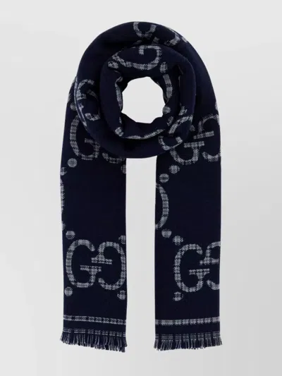 Gucci Wool Scarf With Fringed Edges And Embroidery In Blue