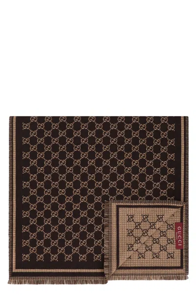 Gucci Wool Scarf With Gg Jacquard Design - 47x180 Cm In Black