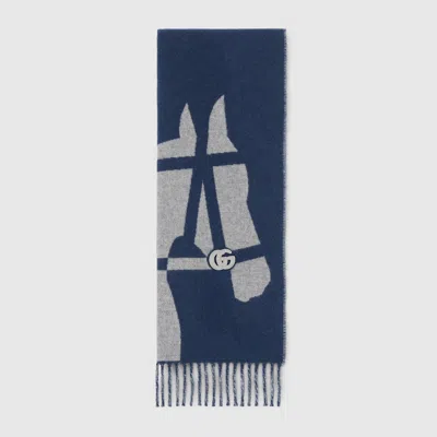 Gucci Wool Scarf With Jacquard Motif In Blue