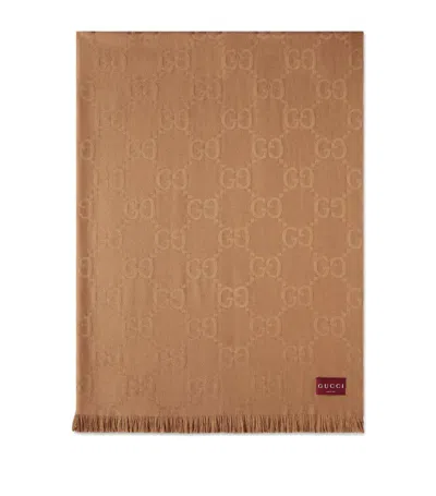 Gucci Wool-silk Gg Jacquard Blanket (135cm X 180cm) In Brown