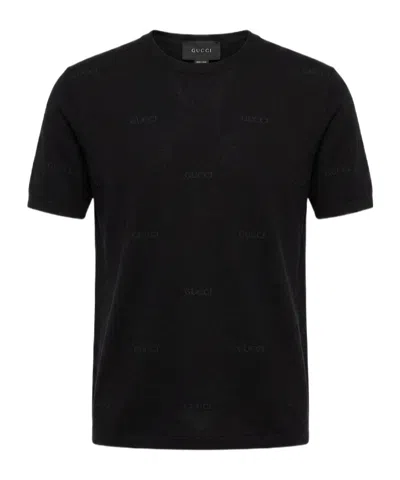 Gucci Jacquard Wool And Silk Blend T-shirt With All-over Logo In Black