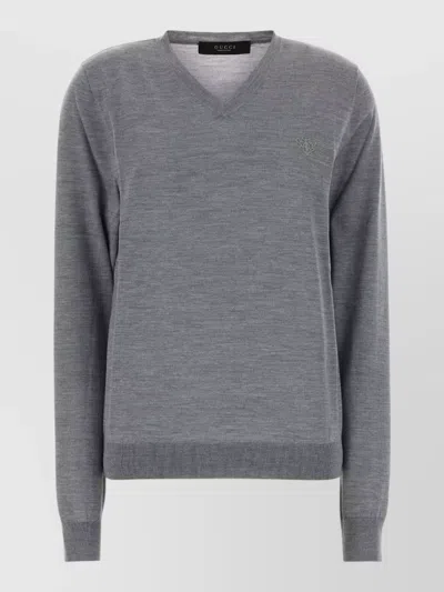Gucci Wool Sweater V Neckline Ribbed Cuffs Hem In Multi