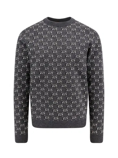 Gucci Wool Sweater With All-over Gg Motif In Black