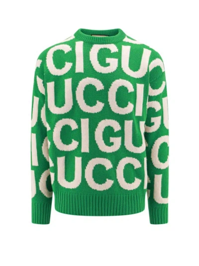 Gucci Logo嵌花羊毛毛衣 In Green