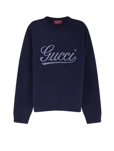 Gucci Men Wool Sweater With Frontal Embroidered Logo In Blue