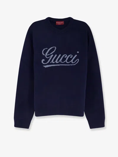 Gucci Wool Sweater With Frontal Embroidered Logo In Blue