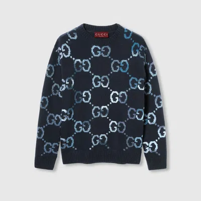 Gucci Wool Sweater With Gg Intarsia In Blue