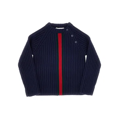 Gucci Kids' Wool Sweater With Web Ribbon In Blue