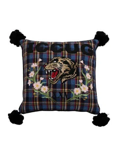 Pre-owned Gucci Wool Tiger Embroidered Tartan Pillow In Blue