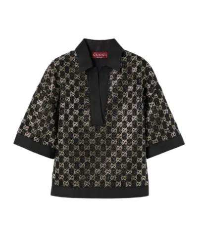 Gucci Tweed Top Collared Neck Half Sleeves In Black