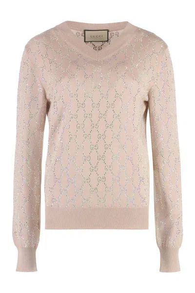 Gucci Wool V-neck Sweater In Pale Pink