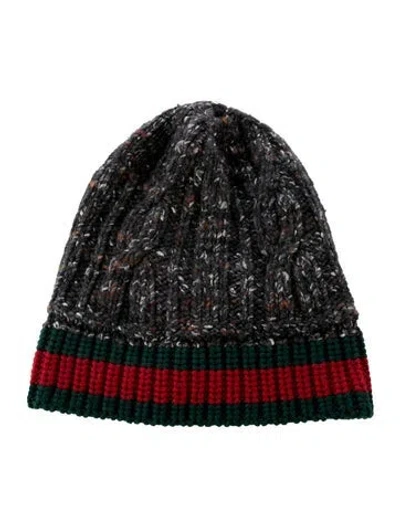 Pre-owned Gucci Wool Web Rib Knit Beanie Hat In Gray