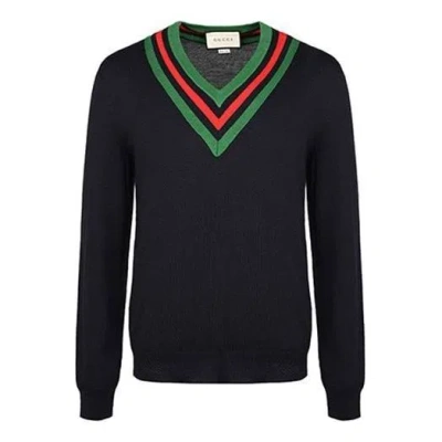 Gucci Wool Web V-neck Sweater 'blue' In Black