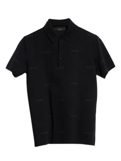 Gucci Wool-silk Jacquard Polo Shirt With Button Closure In Black