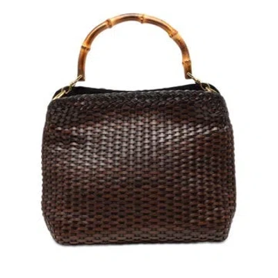 Pre-owned Gucci Woven Calfskin Bamboo Satchel In Brown