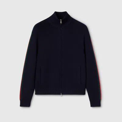 Gucci Woven Stitch Knit Wool Zip Jacket In Blue