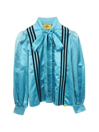 Pre-owned Gucci X Adidas 2000s Frill Silk Blouse In Blue