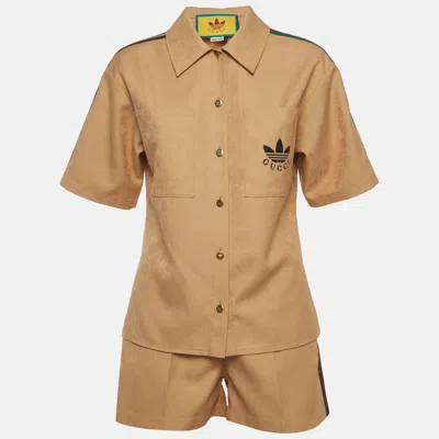 Pre-owned Gucci X Adidas Beige Web Stripe Trefoil Jacquard Shirt And Shorts Set S In Sand