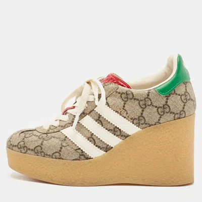 Pre-owned Gucci X Adidas Beige/brown Gg Supreme Canvas Gazelle Wedge Sneakers Size 34