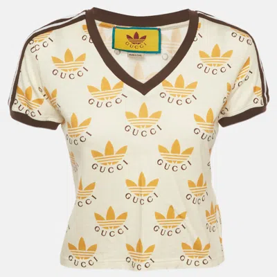 Pre-owned Gucci X Adidas Beige/brown Trefoil Print Jersey T-shirt Xxs In Sand