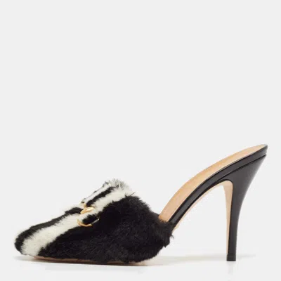 Pre-owned Gucci X Adidas Black/white Faux Fur Horsebit Mules Size 38.5