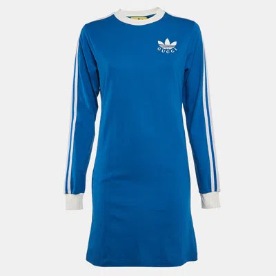 Pre-owned Gucci X Adidas Blue Striped Jersey T-shirt Dress Xs