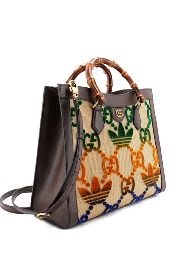 Pre-owned Gucci X Adidas Diana Nm Bamboo Handle Velvet Gg Trefoil Canvas Medium Tote Bag