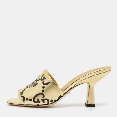 Pre-owned Gucci X Adidas Gold Leather Nappa Silk Slide Sandal Size 36