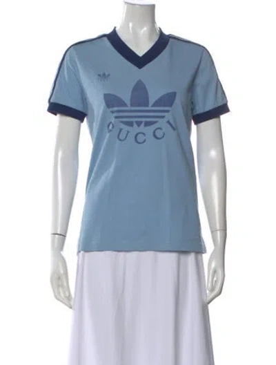 Pre-owned Gucci X Adidas Graphic Print V-neck T-shirt In Blue