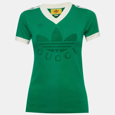 Pre-owned Gucci X Adidas Green Logo Print Jersey V-neck T-shirt Xxs