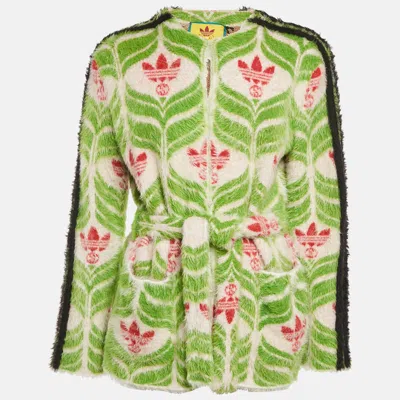 Pre-owned Gucci X Adidas Green Monogram Textured Knit Cardigan Xs