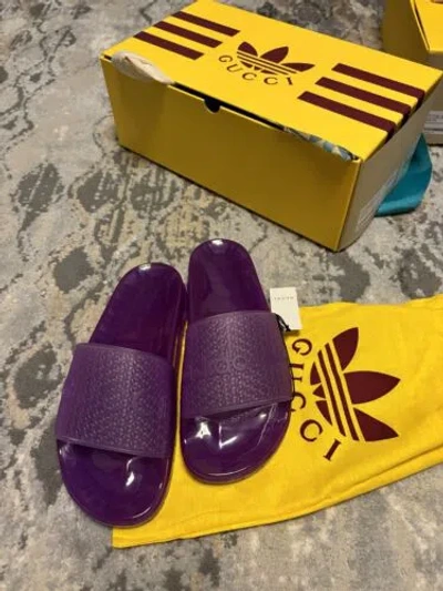 Pre-owned Gucci X Adidas Ladies Rubber Logo Slide Platform 721228 38/us8 Or 39/us9 In Purple