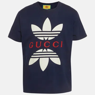 Pre-owned Gucci X Adidas Navy Blue Logo Printed Cotton Knit T-shirt L