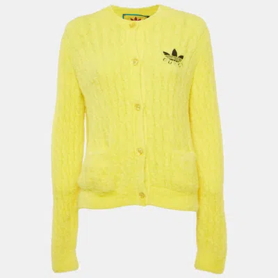 Pre-owned Gucci X Adidas Yellow Embroidered Faux Fur Buttoned Cardigan Xl