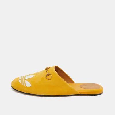 Pre-owned Gucci X Adidas Yellow Suede Trefoil Slippers Size 42