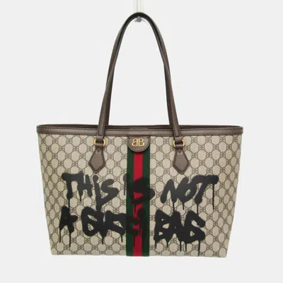 Pre-owned Gucci X Balenciaga Hacker Project Coated Canvas Leather Tote Bag Beige Brown In Sand