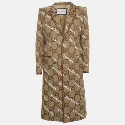 Pre-owned Gucci X Balenciaga The Hacker Project Brown Logo Canvas Button Front Coat 2xl