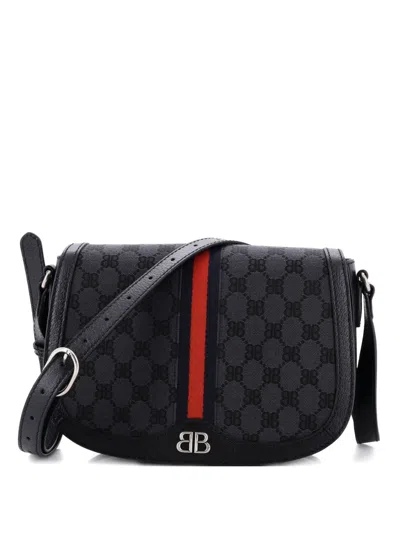 Pre-owned Gucci X Balenciaga The Hacker Project Flap Messenger Bag Bb Canvas Medium Crossbody Bag In Black