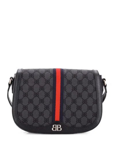 Pre-owned Gucci X Balenciaga The Hacker Project Flap Messenger Bag Bb Canvas Medium Shoulder Bag In Black