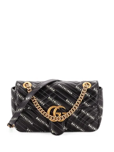 Pre-owned Gucci X Balenciaga The Hacker Project Gg Marmont Flap Bag Printed Matelasse Leather Small Shoulder Bag In Black