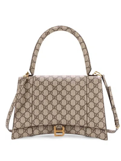 Pre-owned Gucci X Balenciaga The Hacker Project Hourglass Top Handle Bag Gg Coated Canvas Medium Shoulder Bag In Brown