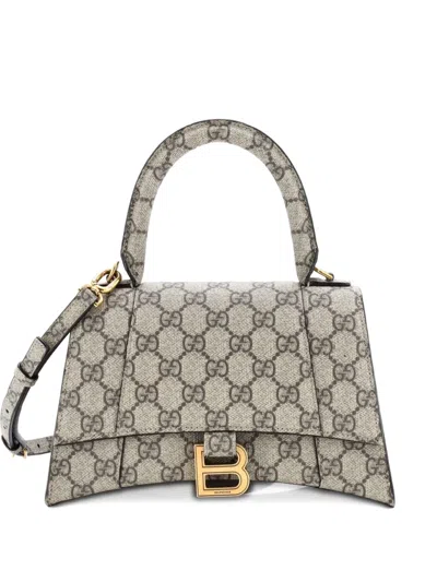 Pre-owned Gucci X Balenciaga The Hacker Project Hourglass Top Handle Bag Gg Coated Canvas Small Shoulder Bag In Brown