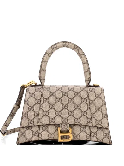 Pre-owned Gucci X Balenciaga The Hacker Project Hourglass Top Handle Bag Gg Coated Canvas Small Shoulder Bag In Brown