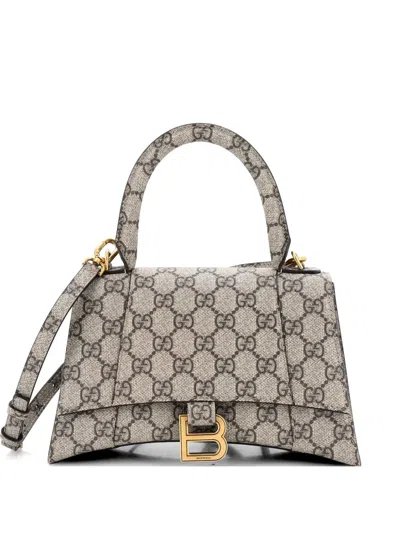 Pre-owned Gucci X Balenciaga The Hacker Project Hourglass Top Handle Bag Gg Coated Canvas Small Shoulder Bag In Brown